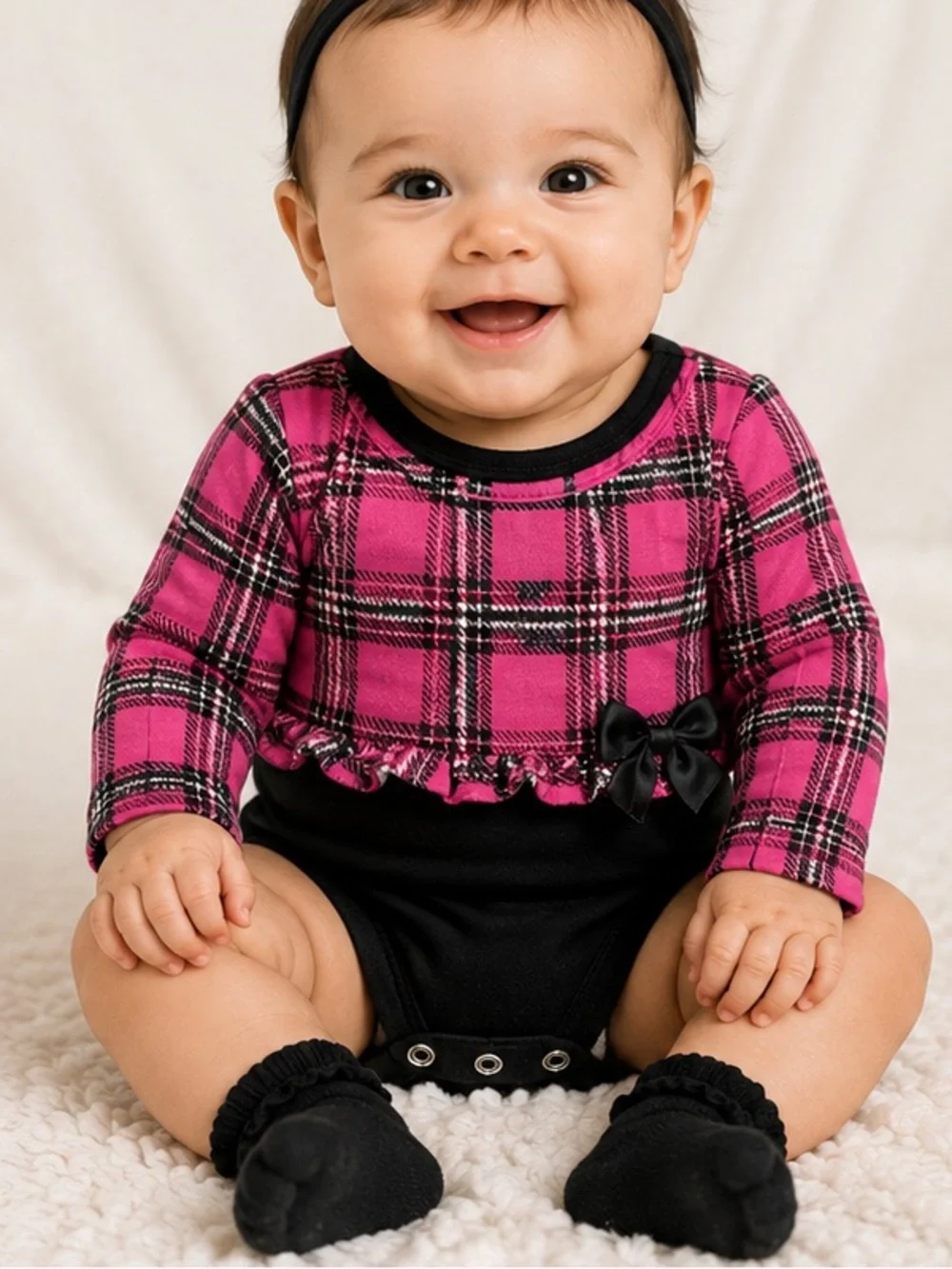 Garanimals Baby Girl Plaid Bodysuit 0–3 Months Pink Black Ruffle Bow Long Sleeve